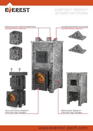 Фото Печь Эверест "Легкий пар Профи" каменка из чугуна, Талькохлорит, S-50 мм Б/В в магазине Woodson