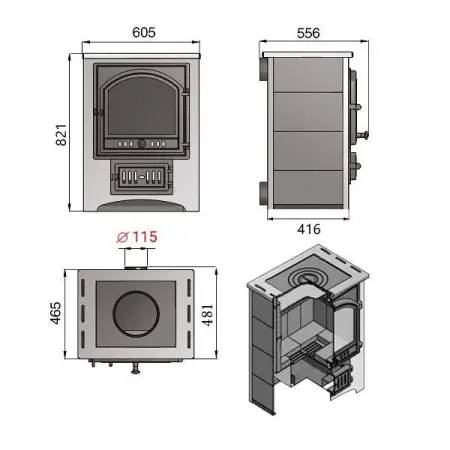 Фото Печь-Камин ВЕЗУВИЙ ПК-01 (205) с плитой красн.12 кВт (200 м3) Ø 150 мм в магазине Woodson