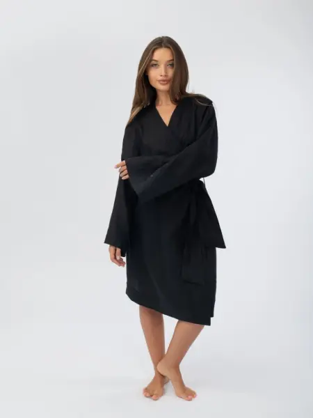 Халат кимоно женский Woodson, чёрный лён (40-52) Халат кимоно женский Woodson, чёрный лён (40-52)